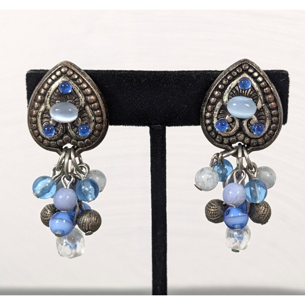 Antiqued Silver Tone Blue Faux Cats Eye Cluster Charm Clip Earrings Western Boho